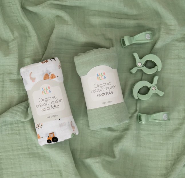 2 Pack Organic Muslin Wraps &amp; 4 Pegs - Country Farm | All 4 Ella | Bedding, Blankets &amp; Swaddles | Thirty 16 Williamstown