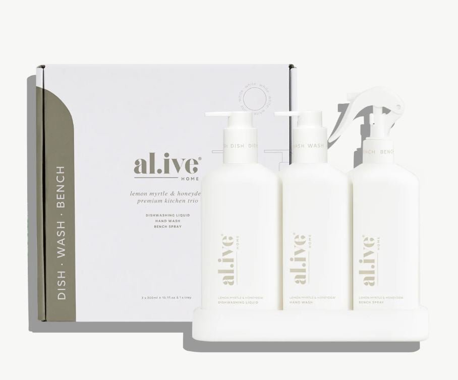 Kitchen Trio - Dish Wash, Hand Wash &amp; Bench Spray (White) Lemon Myrtle &amp; Honey Dew | Al.ive Body | At The Sink | Thirty 16 Williamstown