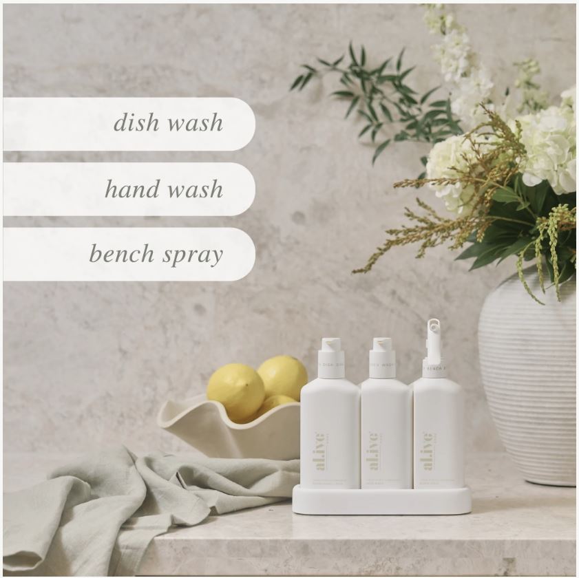 Kitchen Trio - Dish Wash, Hand Wash & Bench Spray (White) Lemon Myrtle & Honey Dew | Al.ive Body | At The Sink | Thirty 16 Williamstown