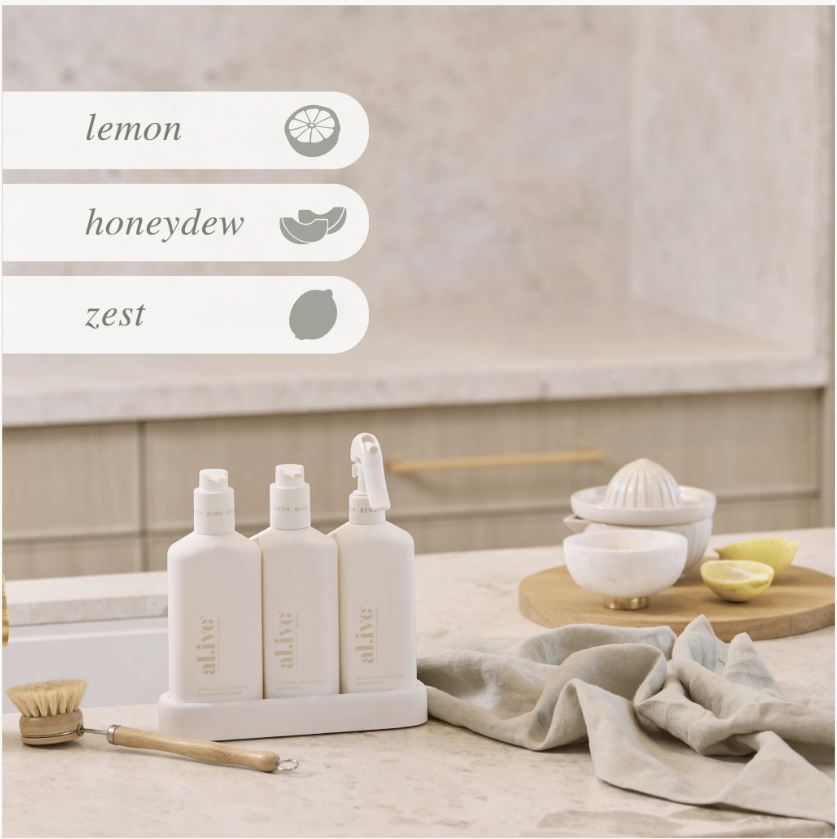 Kitchen Trio - Dish Wash, Hand Wash &amp; Bench Spray (White) Lemon Myrtle &amp; Honey Dew | Al.ive Body | At The Sink | Thirty 16 Williamstown