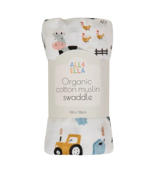 Organic Muslin Swaddle - Barnyard | All 4 Ella | Bedding, Blankets & Swaddles | Thirty 16 Williamstown