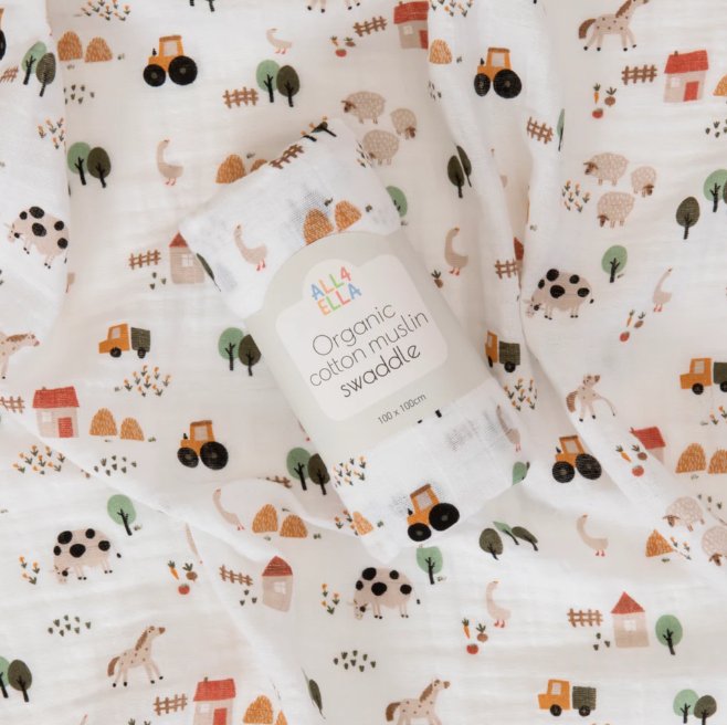 Organic Muslin Swaddle - Country Farm | All 4 Ella | Bedding, Blankets & Swaddles | Thirty 16 Williamstown