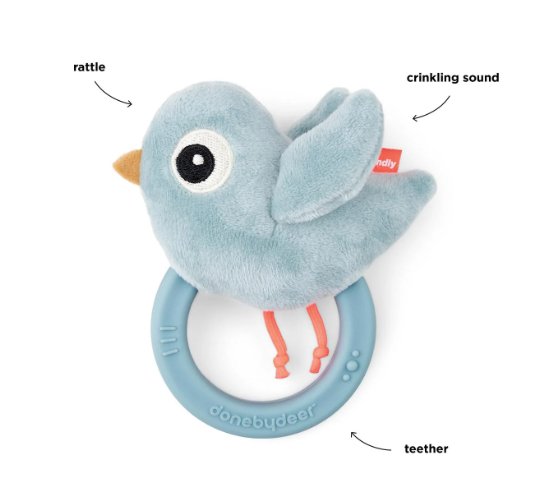 Sensory Rattle with Teether Birdie - Blue | Done By Deer | Comforters, Teethers & Rattles | Thirty 16 Williamstown