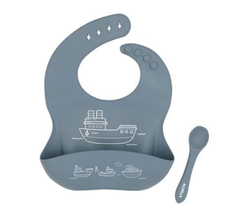 Silicone Bib & Spoon with Reusable Pouch - Boats Slate Blue | All 4 Ella | Bibs & Bandana Bibs | Thirty 16 Williamstown