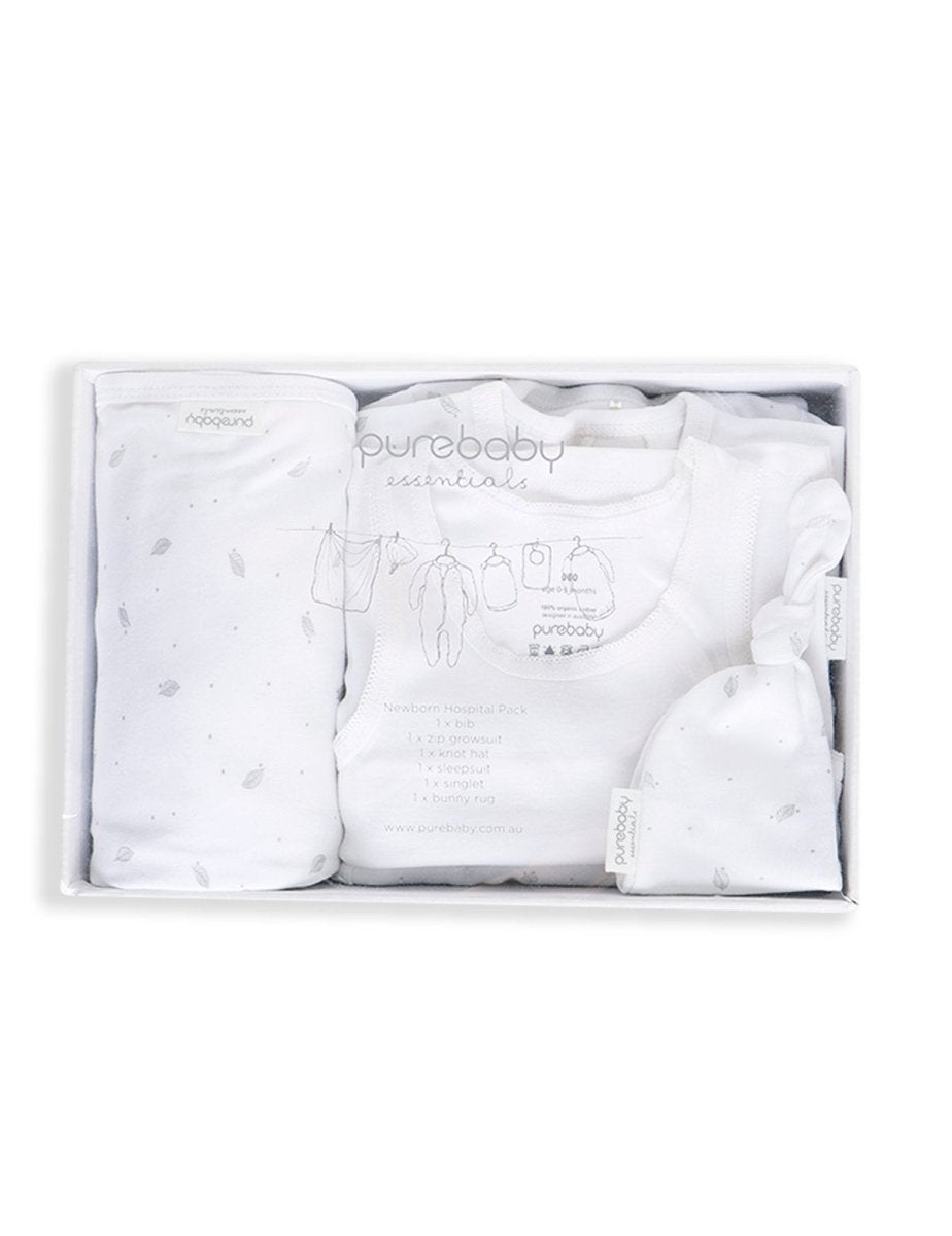 Newborn Hospital Pack - Pale Grey Leaf w Spot | Purebaby | Baby &amp; Toddler Growsuits &amp; Rompers | Thirty 16 Williamstown