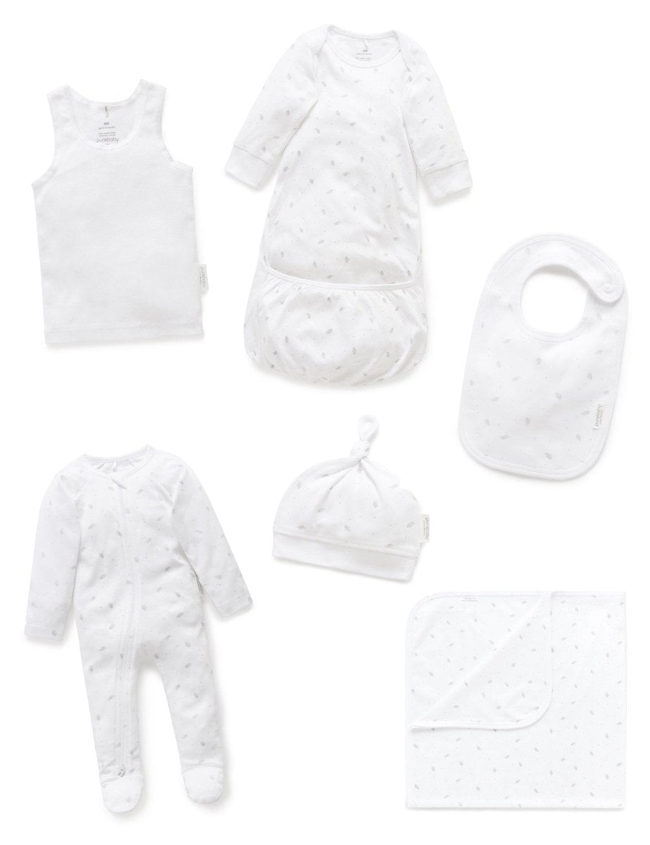 Newborn Hospital Pack - Pale Grey Leaf w Spot | Purebaby | Baby &amp; Toddler Growsuits &amp; Rompers | Thirty 16 Williamstown